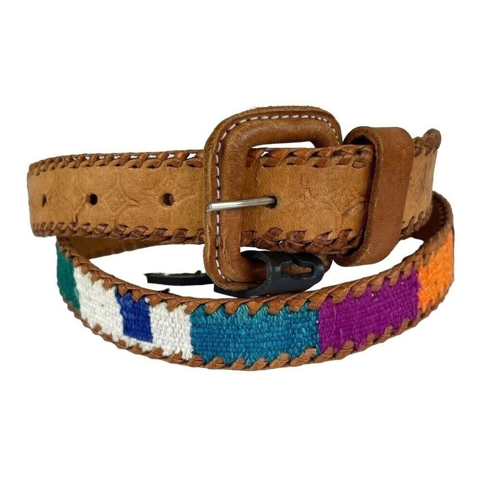 Tooled Leather & Elastic Woven Women's Belt Rainbow Color Fits Medium~Large - Picture 2 of 12